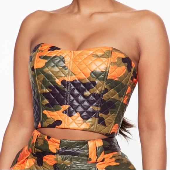 NWT Fashion Nova Camo 2 piece quilted bustier and pant hit of orange & shine  L - Picture 2 of 14